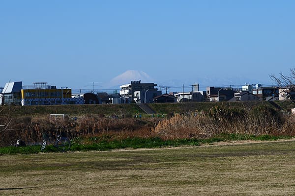 多摩川河川敷下側から見る富士山